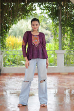 Prazu Fashion Wine Georgette Schiffli Work Kutchi Gamthi Patch Work Navaratri Top | Grocsy
