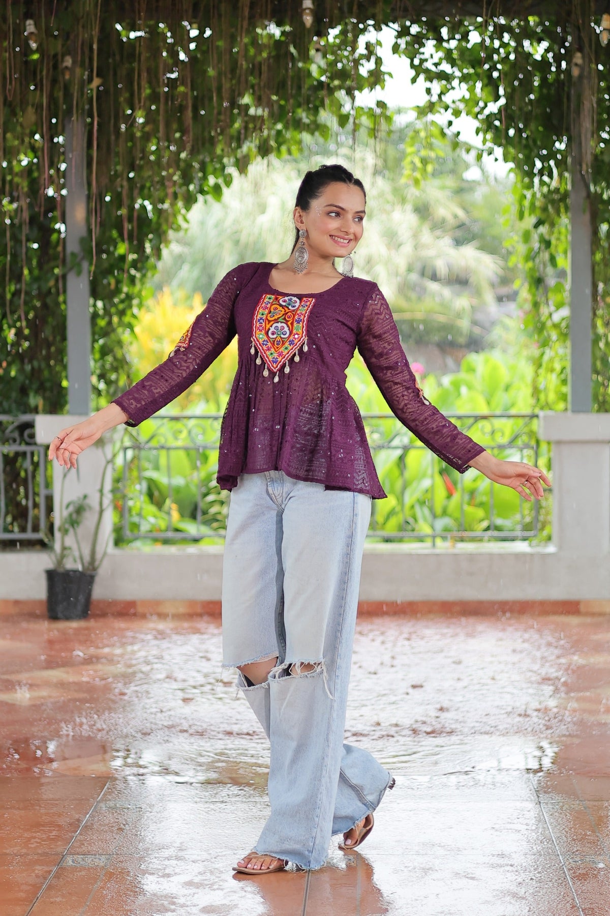 Prazu Fashion Wine Georgette Schiffli Work Kutchi Gamthi Patch Work Navaratri Top | Grocsy