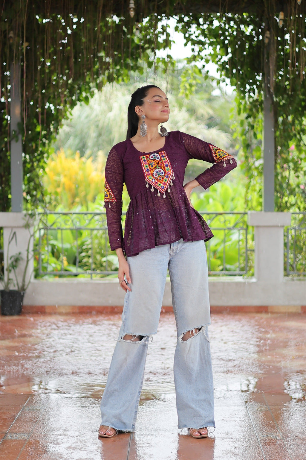 Prazu Fashion Wine Georgette Schiffli Work Kutchi Gamthi Patch Work Navaratri Top | Grocsy