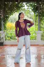Prazu Fashion Wine Georgette Schiffli Work Kutchi Gamthi Patch Work Navaratri Top | Grocsy