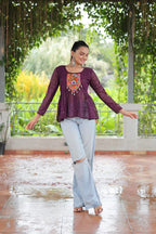 Prazu Fashion Wine Georgette Schiffli Work Kutchi Gamthi Patch Work Navaratri Top | Grocsy