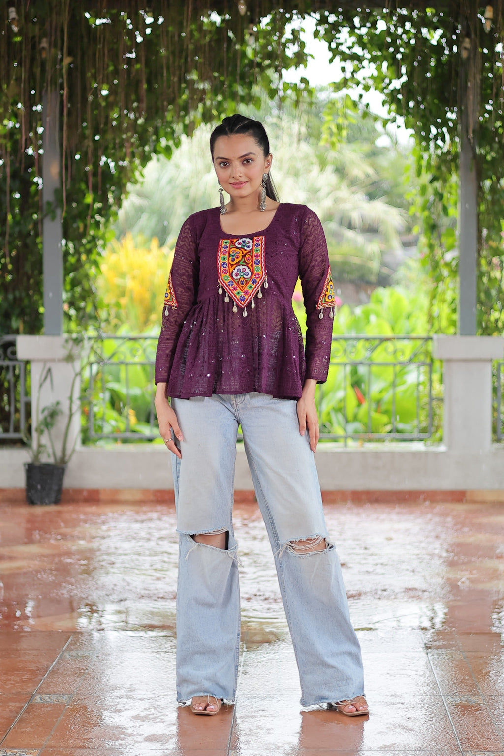 Prazu Fashion Wine Georgette Schiffli Work Kutchi Gamthi Patch Work Navaratri Top | Grocsy