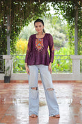 Prazu Fashion Wine Georgette Schiffli Work Kutchi Gamthi Patch Work Navaratri Top | Grocsy