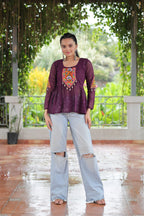 Prazu Fashion Wine Georgette Schiffli Work Kutchi Gamthi Patch Work Navaratri Top | Grocsy