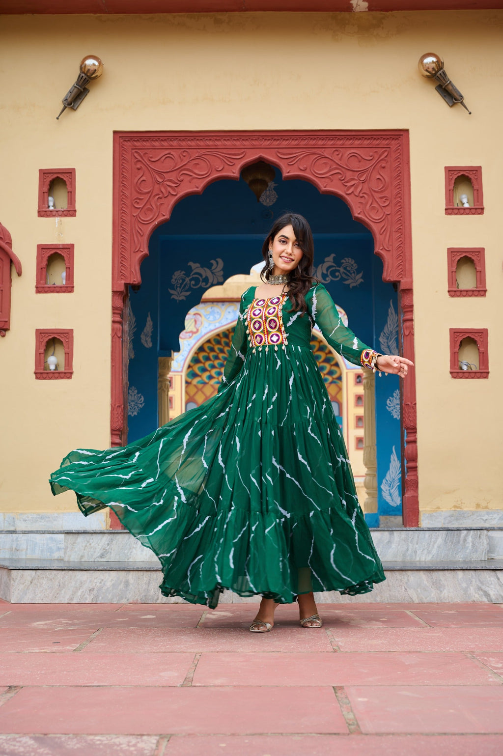 Prazu Fashion Green Georgette Laheriya Print Kutchi Patch Work Navaratri Gown | Grocsy