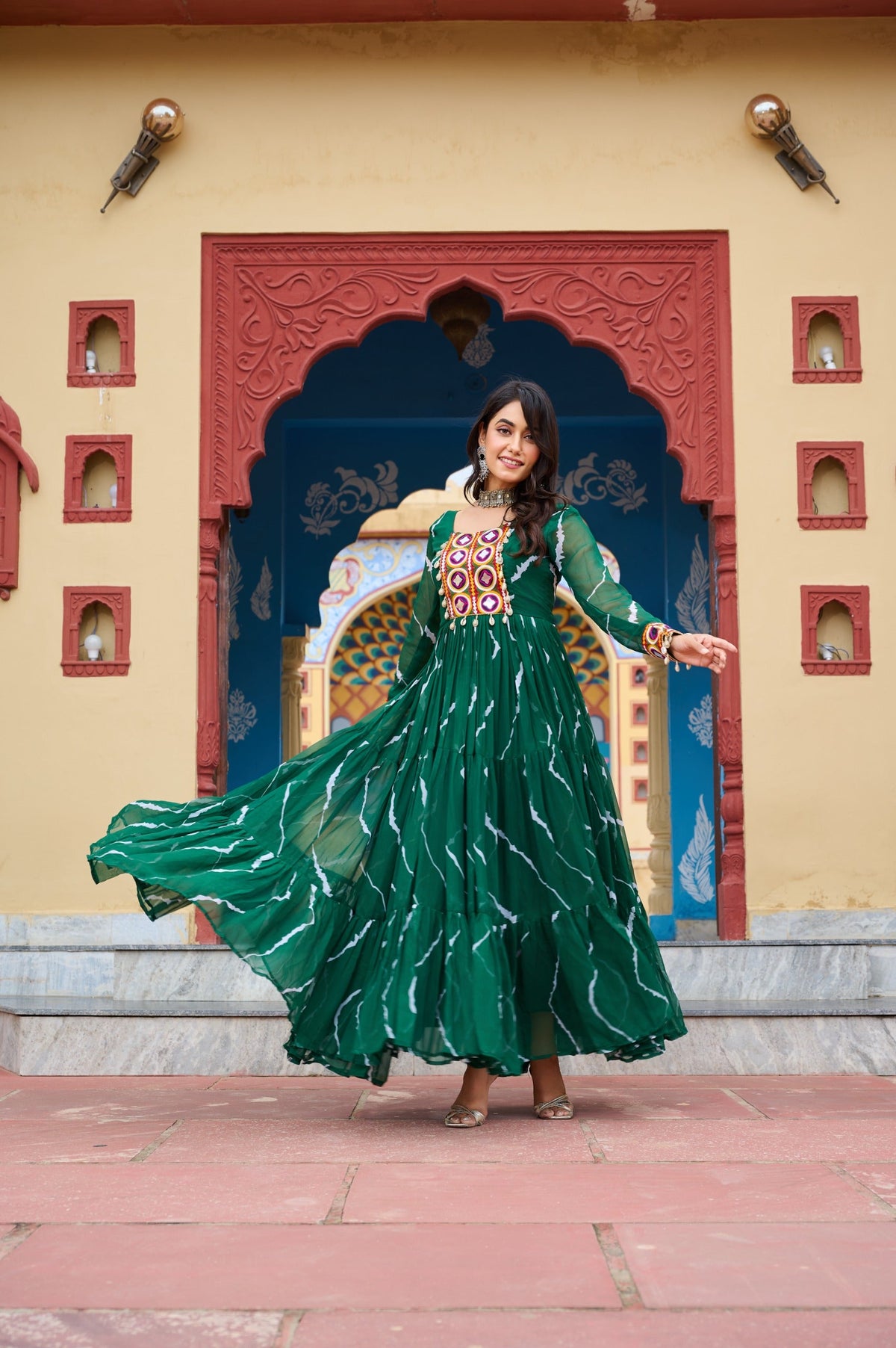 Prazu Fashion Green Georgette Laheriya Print Kutchi Patch Work Navaratri Gown | Grocsy
