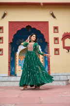 Prazu Fashion Green Georgette Laheriya Print Kutchi Patch Work Navaratri Gown | Grocsy
