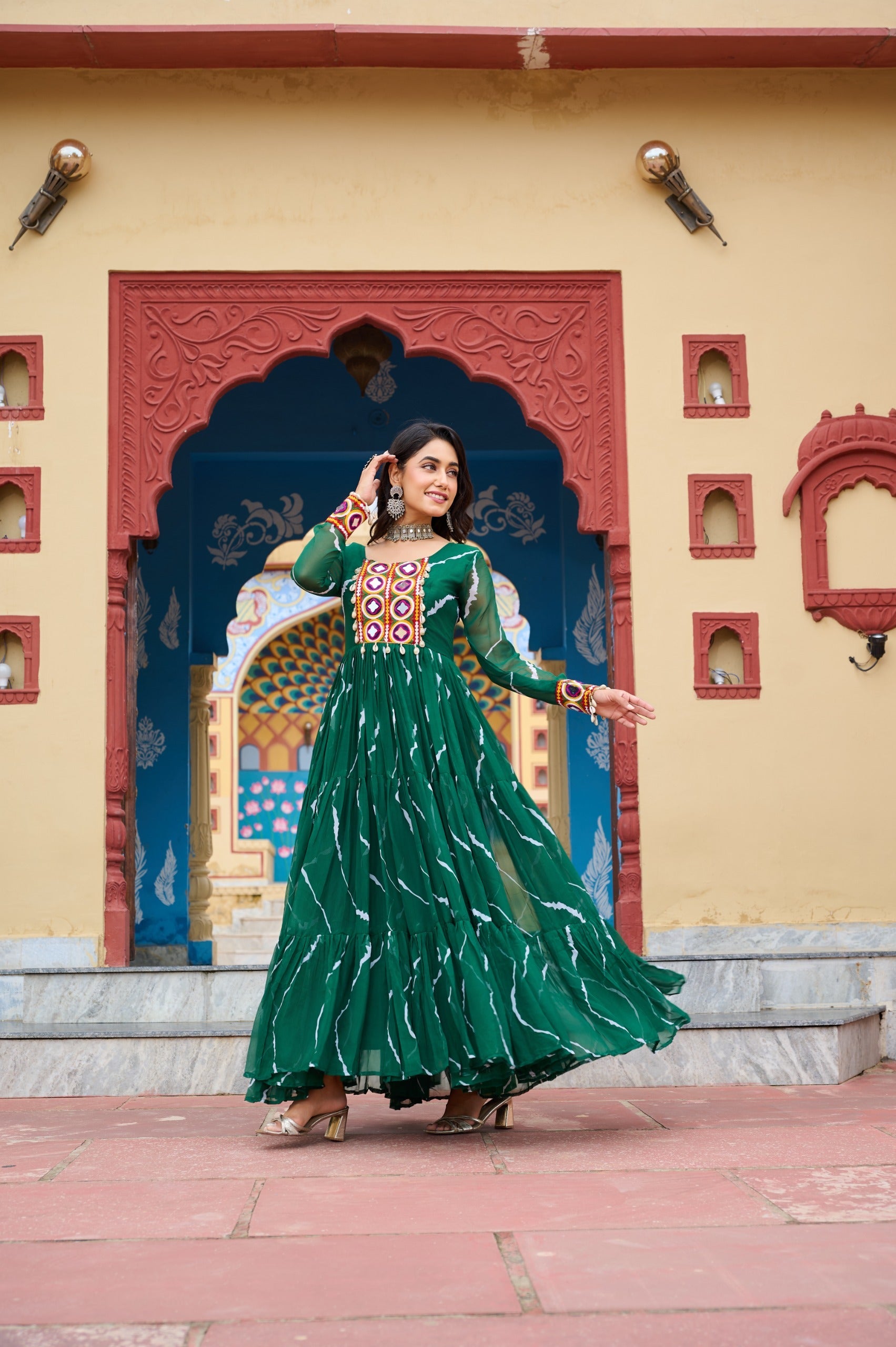 Prazu Fashion Green Georgette Laheriya Print Kutchi Patch Work Navaratri Gown | Grocsy