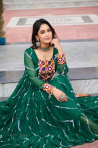 Prazu Fashion Green Georgette Laheriya Print Kutchi Patch Work Navaratri Gown | Grocsy