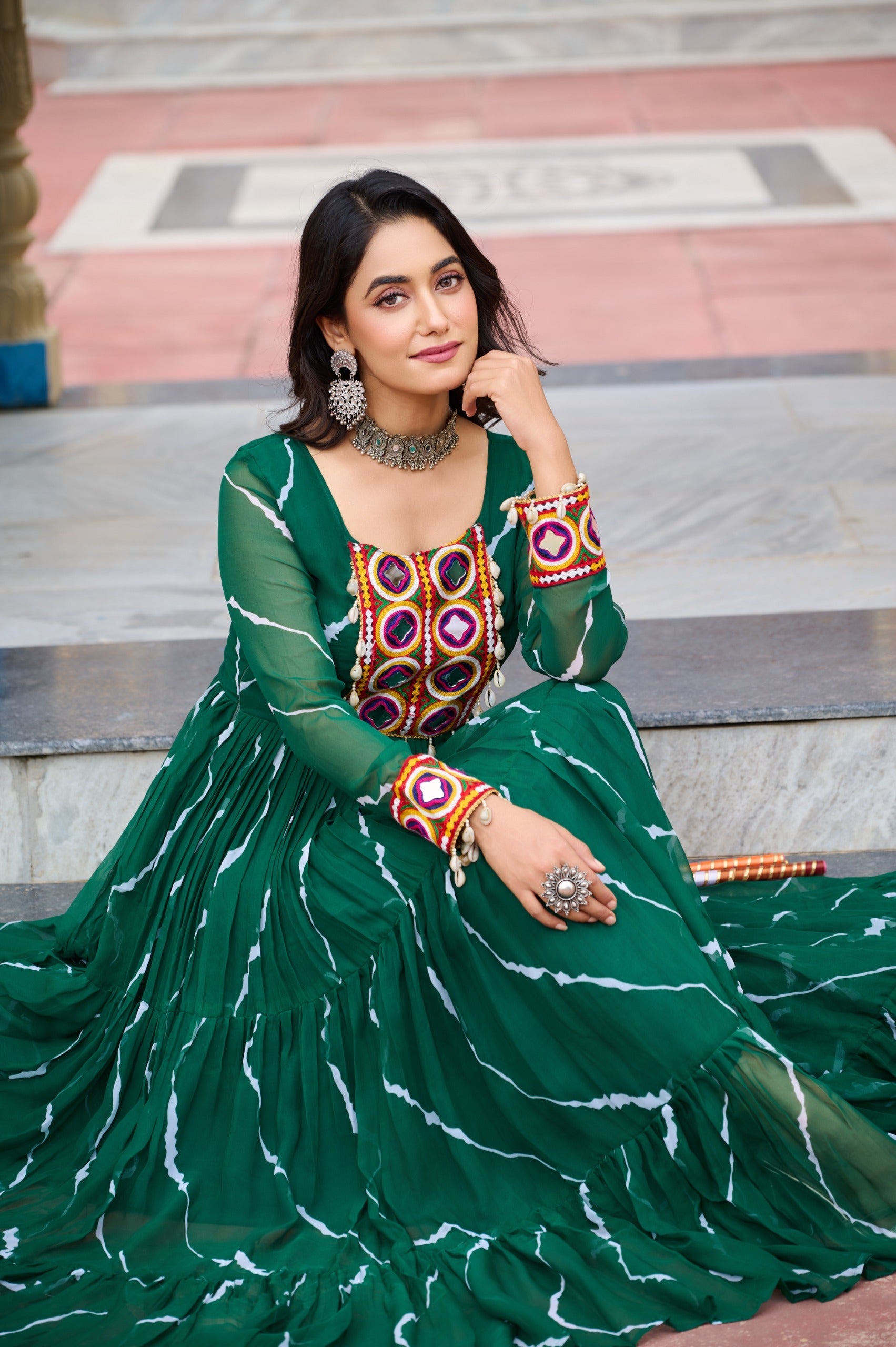 Prazu Fashion Green Georgette Laheriya Print Kutchi Patch Work Navaratri Gown | Grocsy