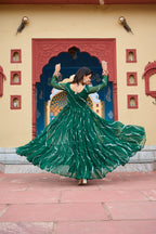 Prazu Fashion Green Georgette Laheriya Print Kutchi Patch Work Navaratri Gown | Grocsy