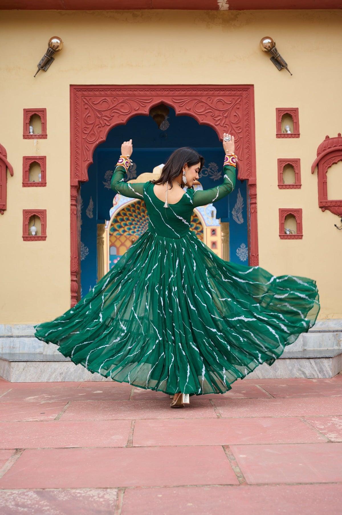 Prazu Fashion Green Georgette Laheriya Print Kutchi Patch Work Navaratri Gown | Grocsy