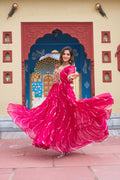 Prazu Fashion Pink Georgette Laheriya Print Kutchi Patch work Navaratri Gown | Grocsy