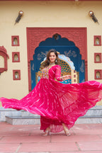 Prazu Fashion Pink Georgette Laheriya Print Kutchi Patch work Navaratri Gown | Grocsy