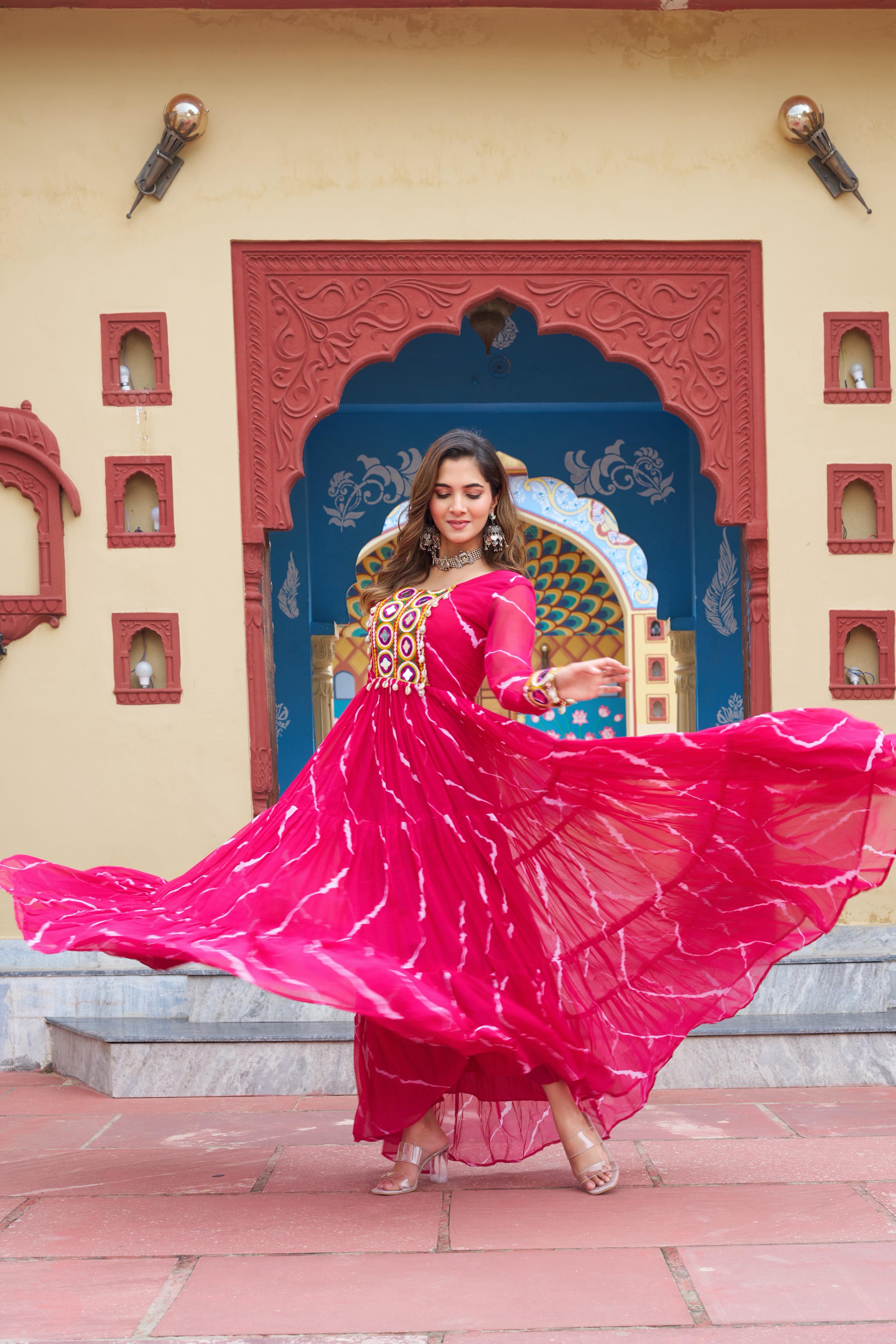 Prazu Fashion Pink Georgette Laheriya Print Kutchi Patch work Navaratri Gown | Grocsy