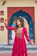Prazu Fashion Pink Georgette Laheriya Print Kutchi Patch work Navaratri Gown | Grocsy