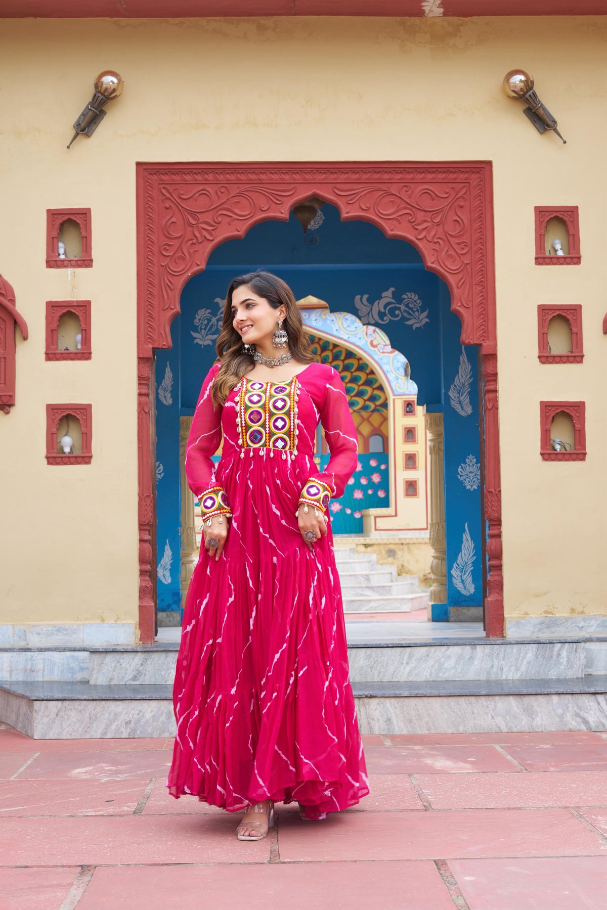 Prazu Fashion Pink Georgette Laheriya Print Kutchi Patch work Navaratri Gown | Grocsy