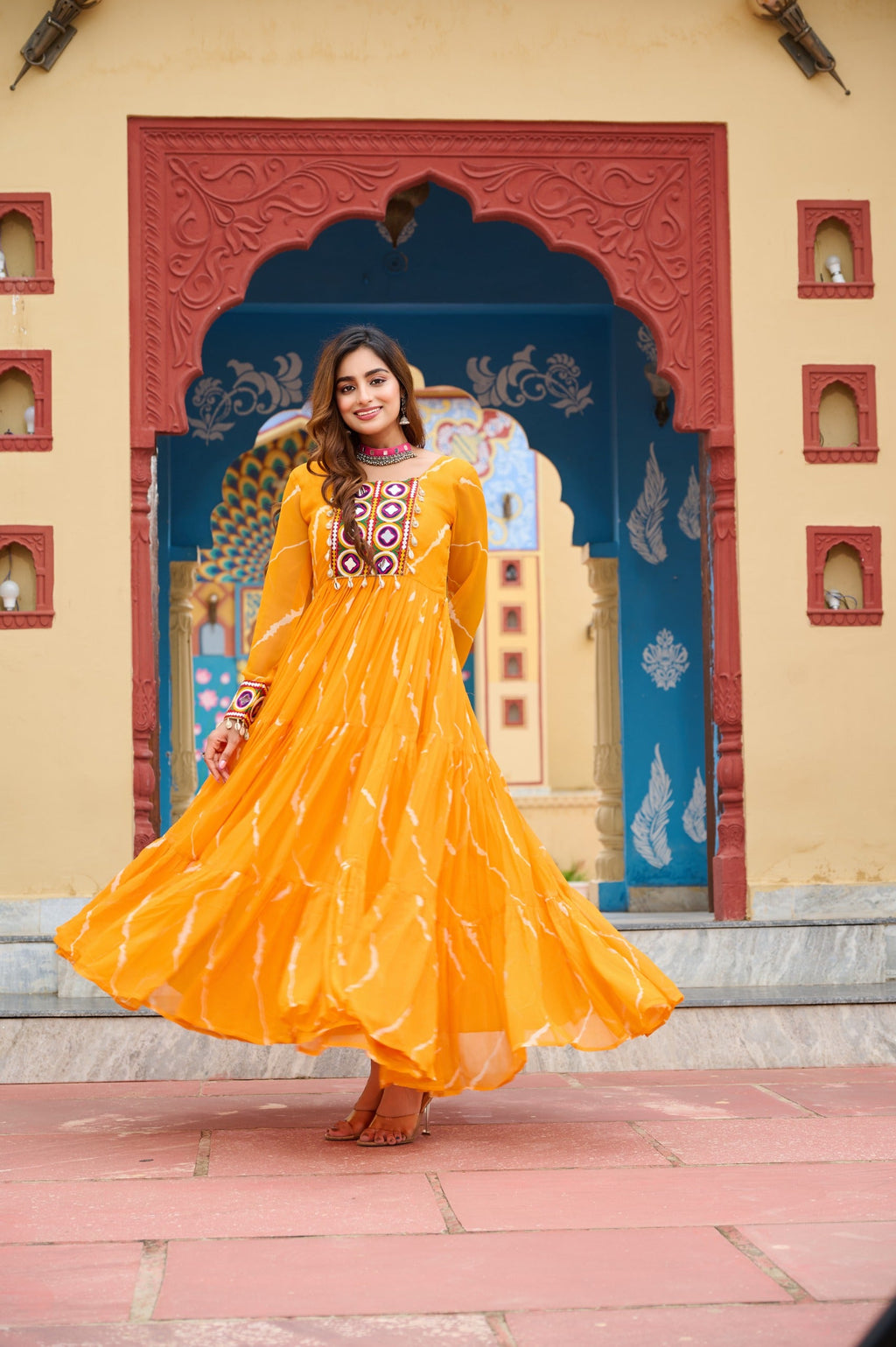 Prazu Fashion Yellow Georgette Laheriya Print Kutchi Patch work Navaratri Gown | Grocsy