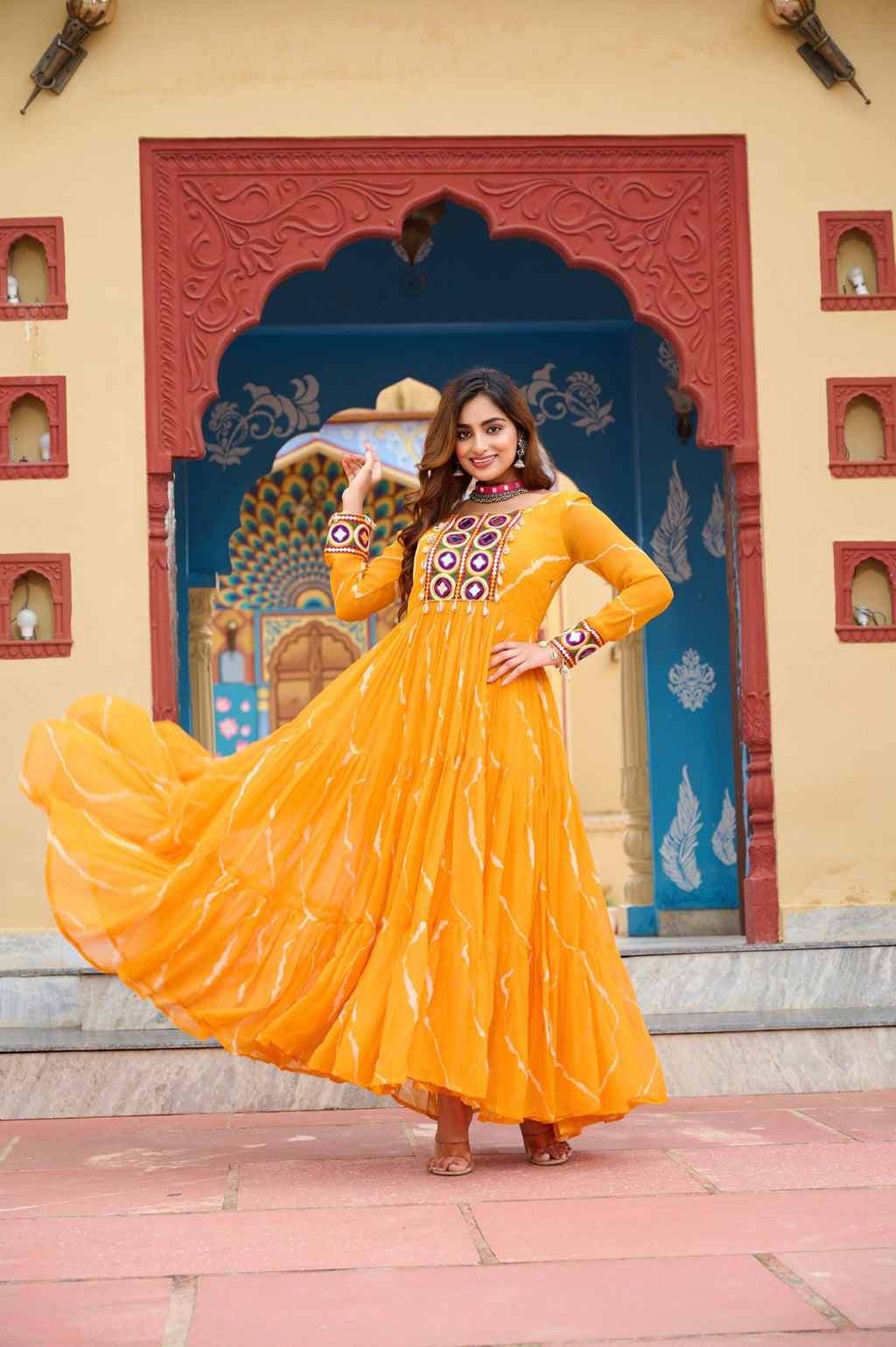 Prazu Fashion Yellow Georgette Laheriya Print Kutchi Patch work Navaratri Gown | Grocsy