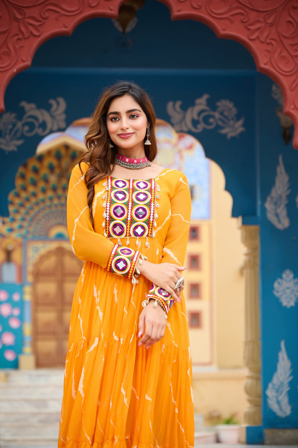 Prazu Fashion Yellow Georgette Laheriya Print Kutchi Patch work Navaratri Gown | Grocsy