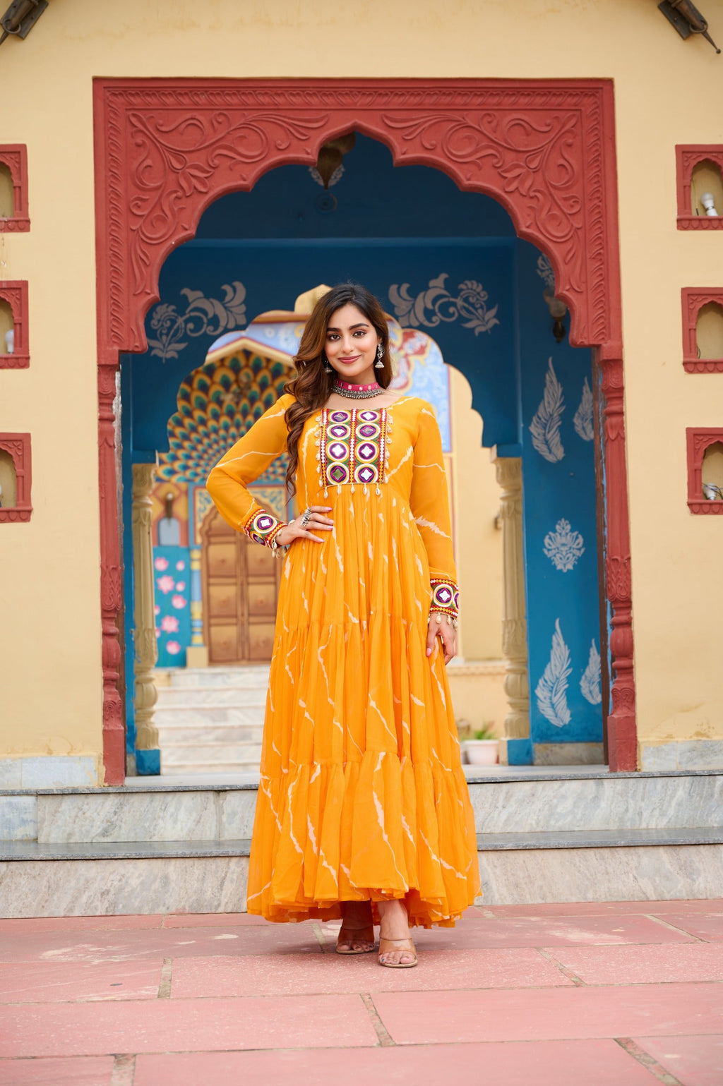 Prazu Fashion Yellow Georgette Laheriya Print Kutchi Patch work Navaratri Gown | Grocsy