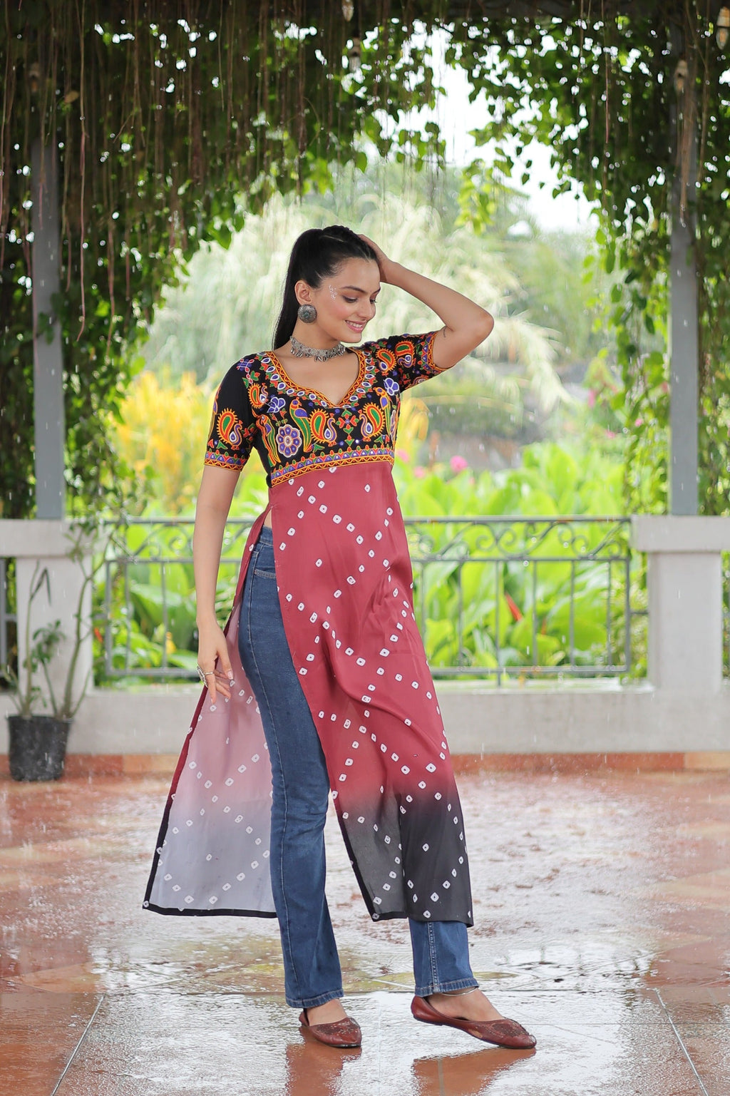Prazu Fashion Pink Rayon Printed With Kutchi Gamthi Work Navaratri Kurti | Grocsy
