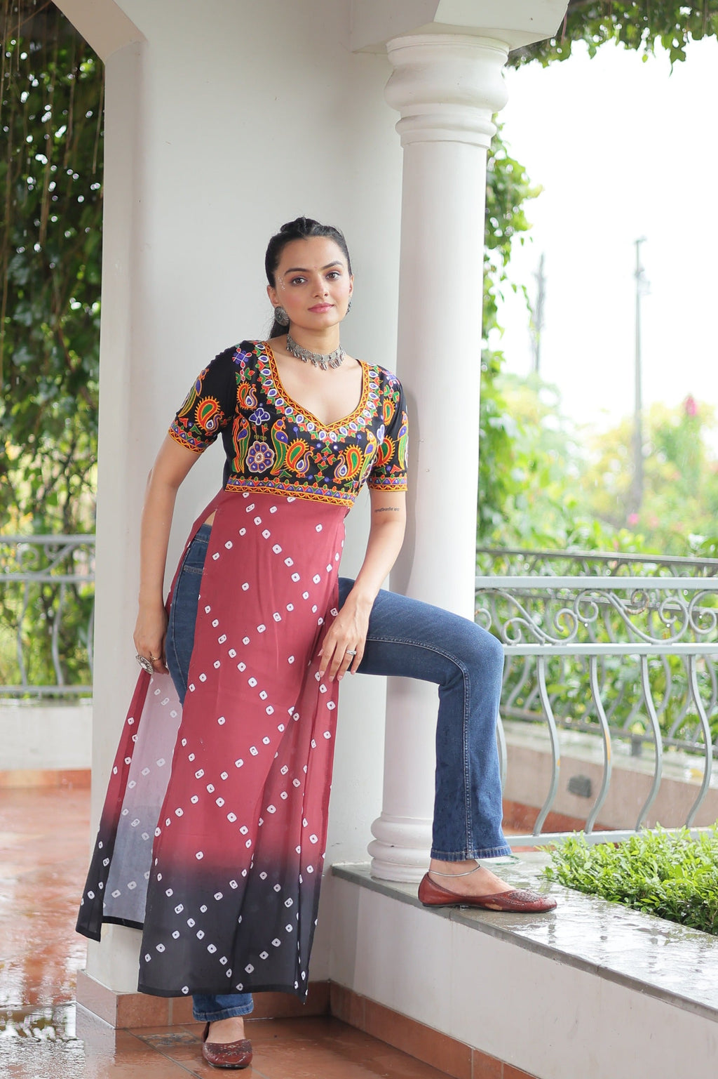 Prazu Fashion Pink Rayon Printed With Kutchi Gamthi Work Navaratri Kurti | Grocsy