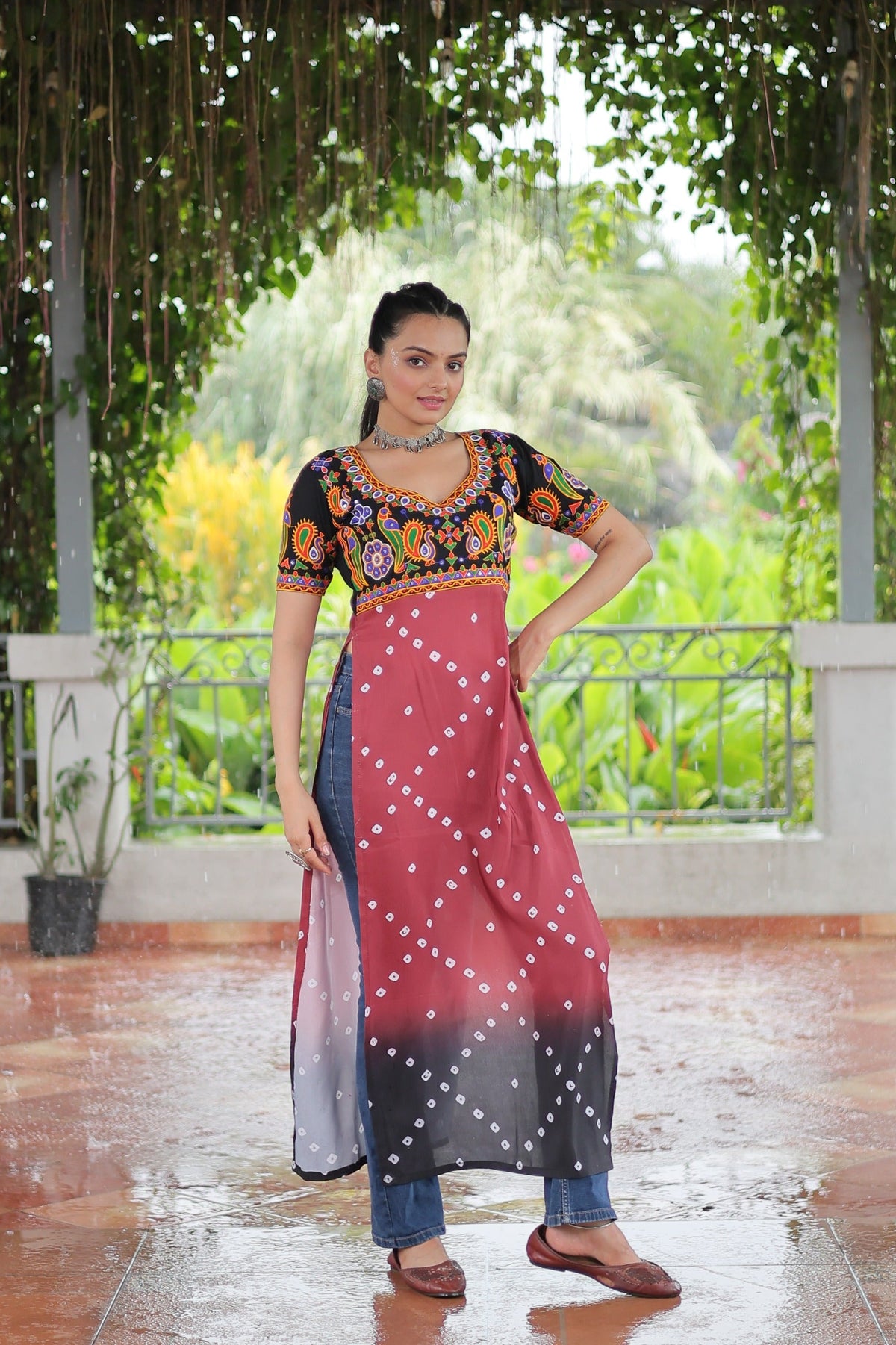 Prazu Fashion Pink Rayon Printed With Kutchi Gamthi Work Navaratri Kurti | Grocsy