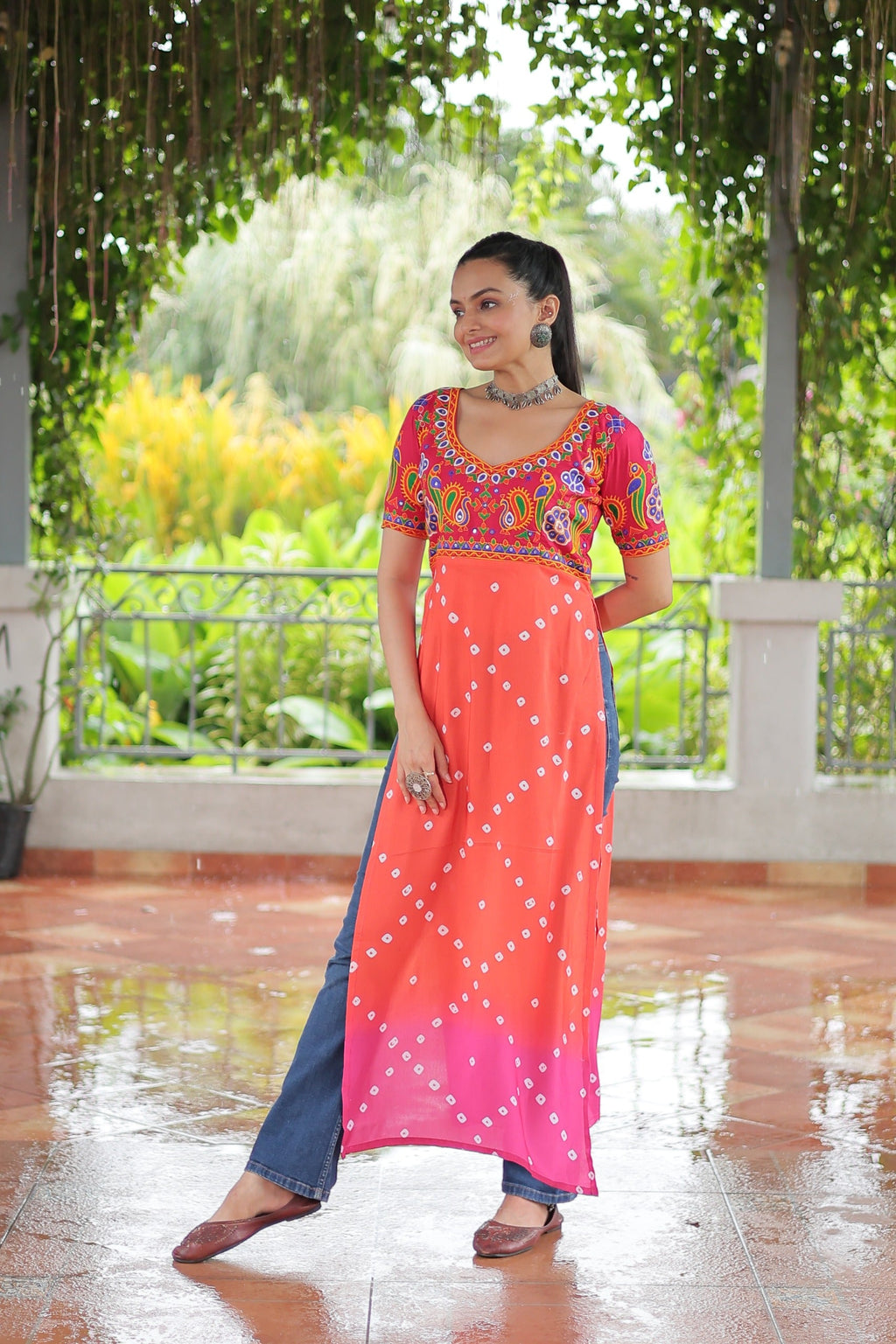 Prazu Fashion Orange Rayon Printed With Kutchi Gamthi Work Navaratri Kurti | Grocsy