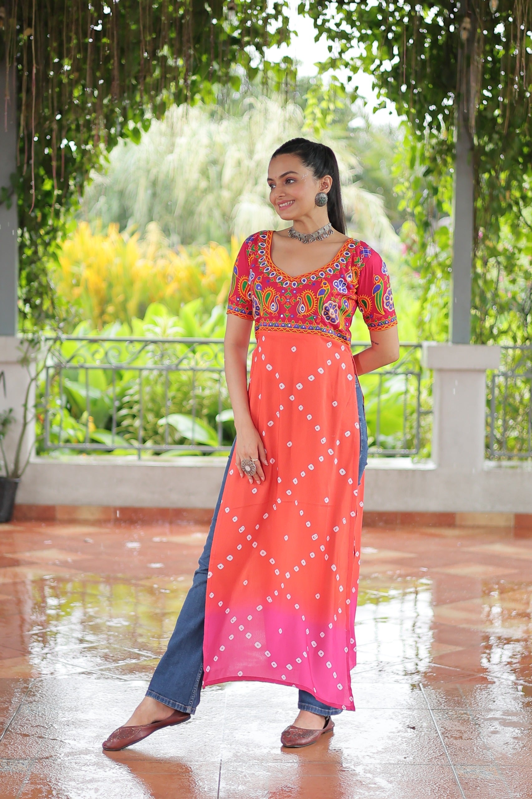 Prazu Fashion Orange Rayon Printed With Kutchi Gamthi Work Navaratri Kurti | Grocsy