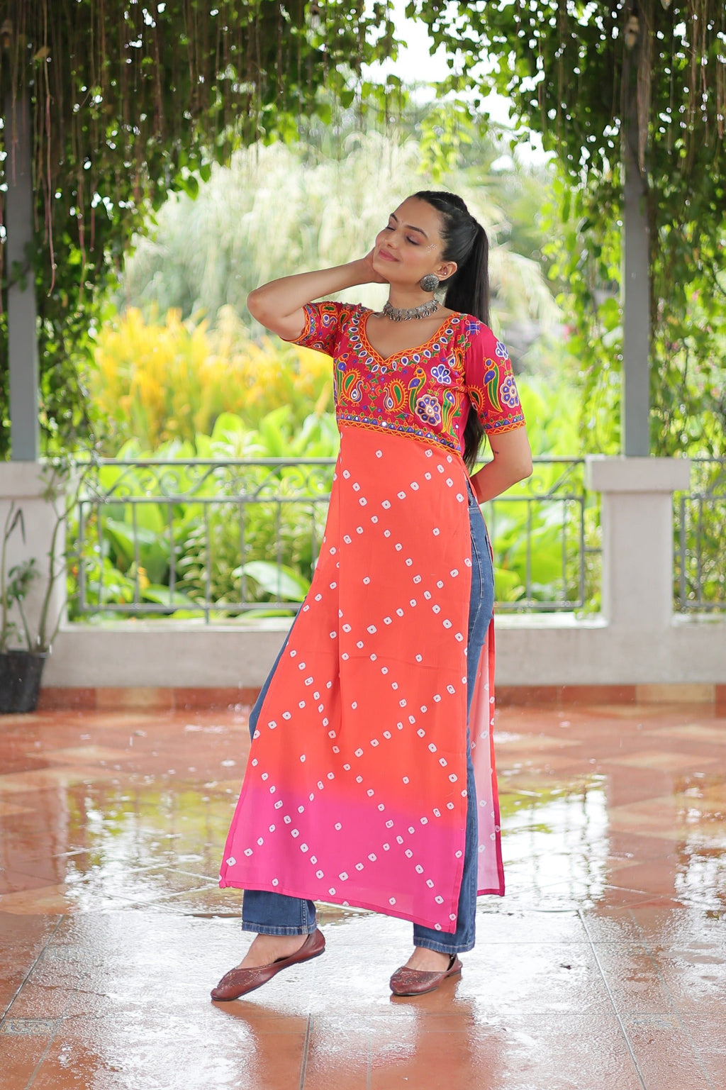 Prazu Fashion Orange Rayon Printed With Kutchi Gamthi Work Navaratri Kurti | Grocsy