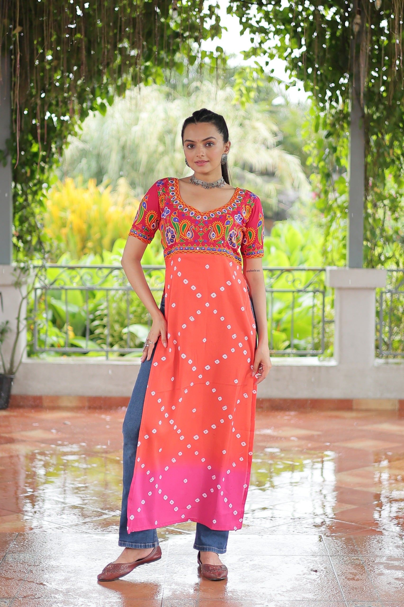 Prazu Fashion Orange Rayon Printed With Kutchi Gamthi Work Navaratri Kurti | Grocsy
