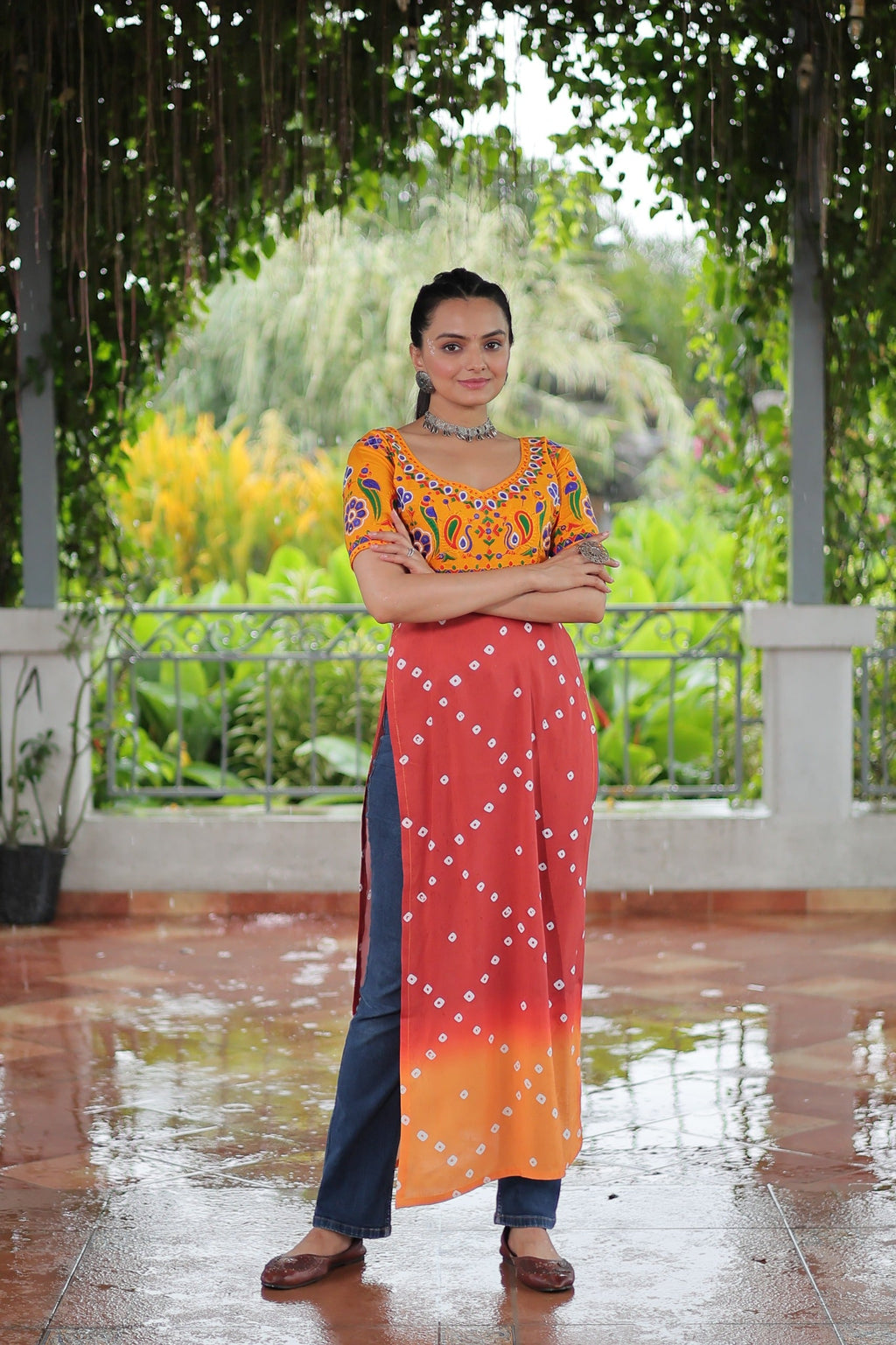 Prazu Fashion Red Rayon Printed With Kutchi Gamthi Work Navaratri Kurti | Grocsy