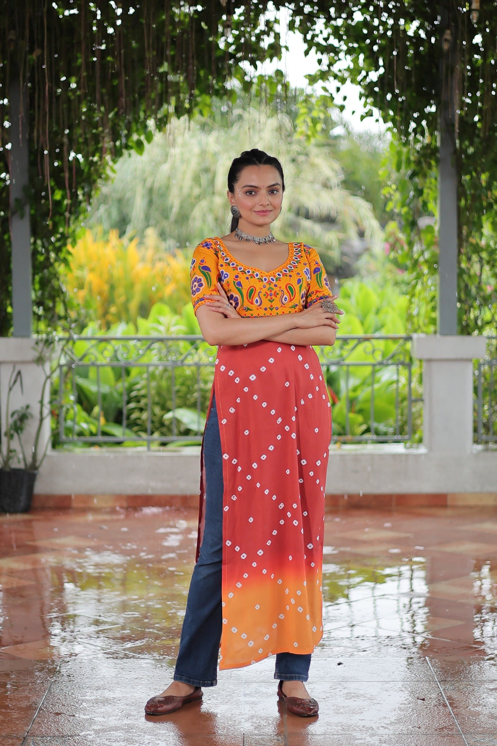 Prazu Fashion Red Rayon Printed With Kutchi Gamthi Work Navaratri Kurti | Grocsy