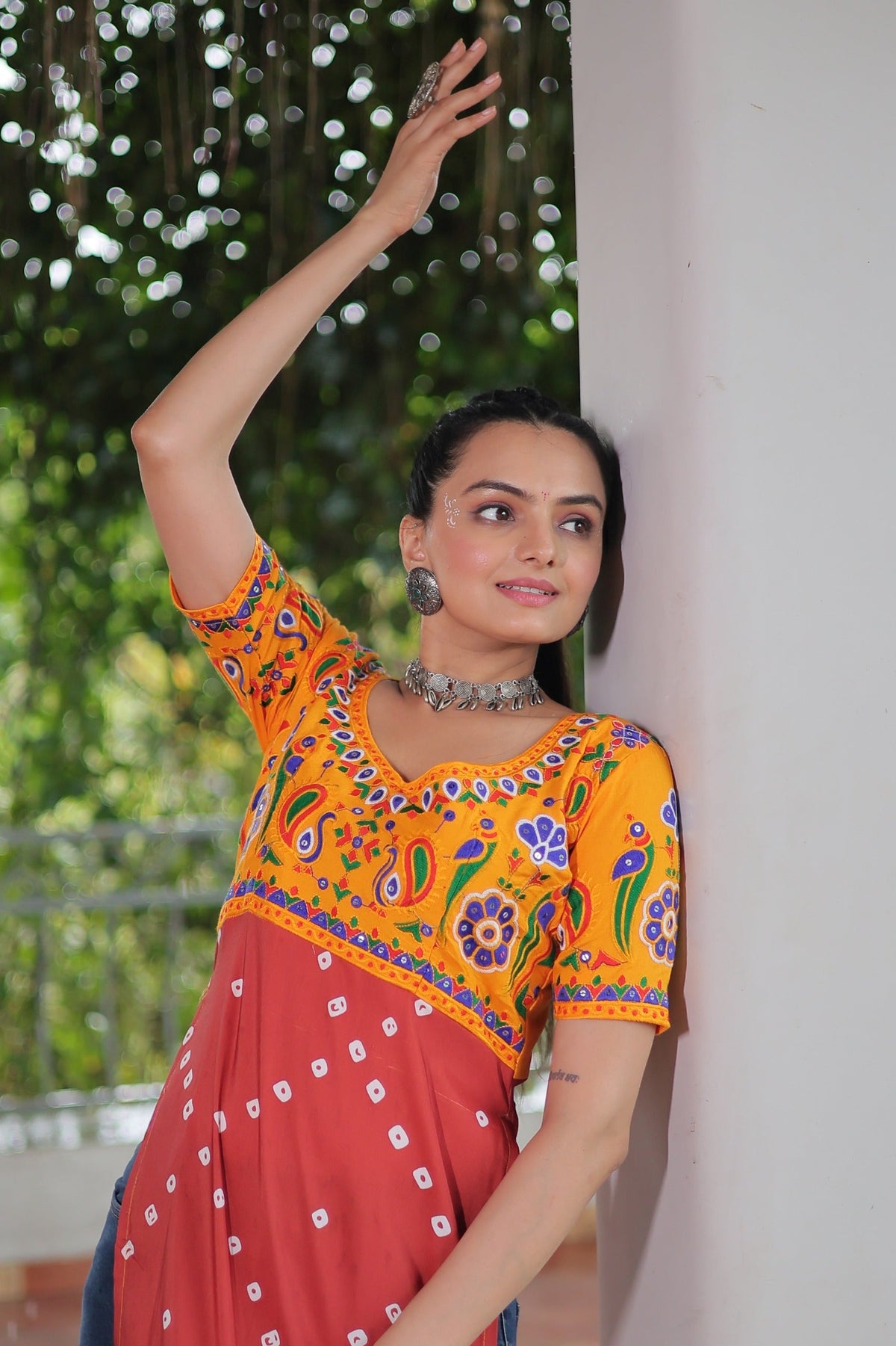 Prazu Fashion Red Rayon Printed With Kutchi Gamthi Work Navaratri Kurti | Grocsy