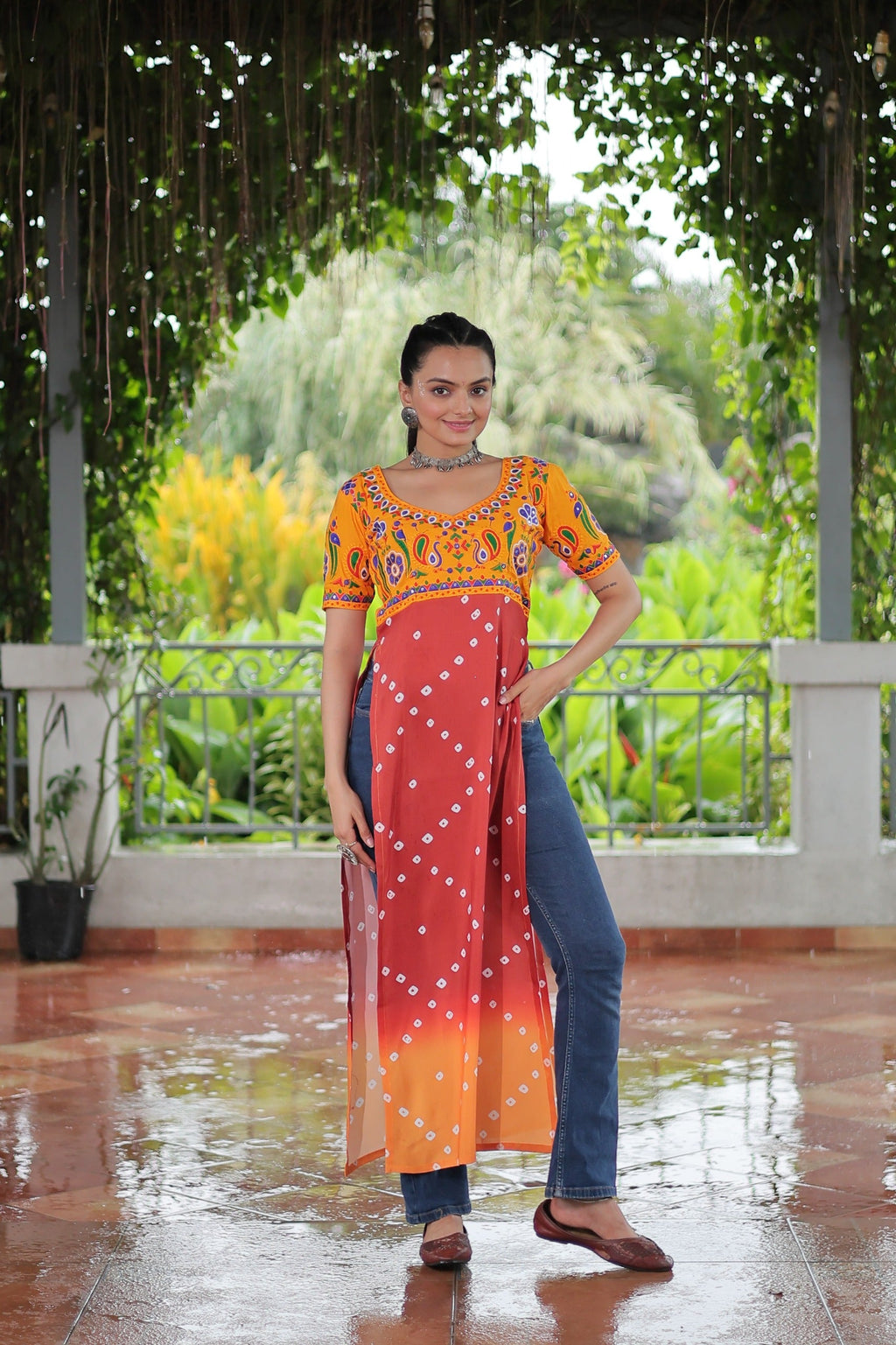 Prazu Fashion Red Rayon Printed With Kutchi Gamthi Work Navaratri Kurti | Grocsy