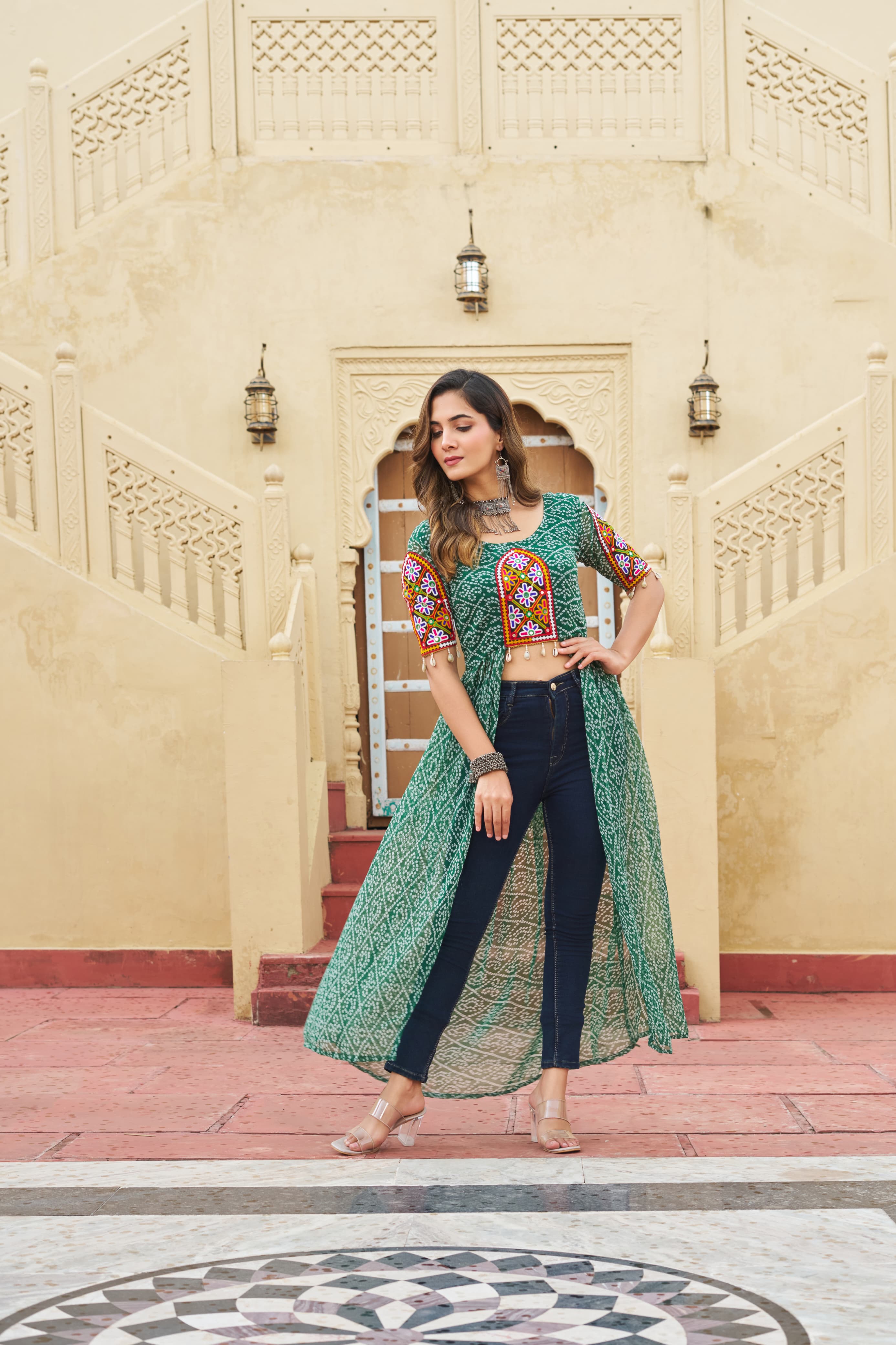 Prazu Fashion Green Georgette Bandhani Print With Kutchi Patch work Navaratri Kurti | Grocsy