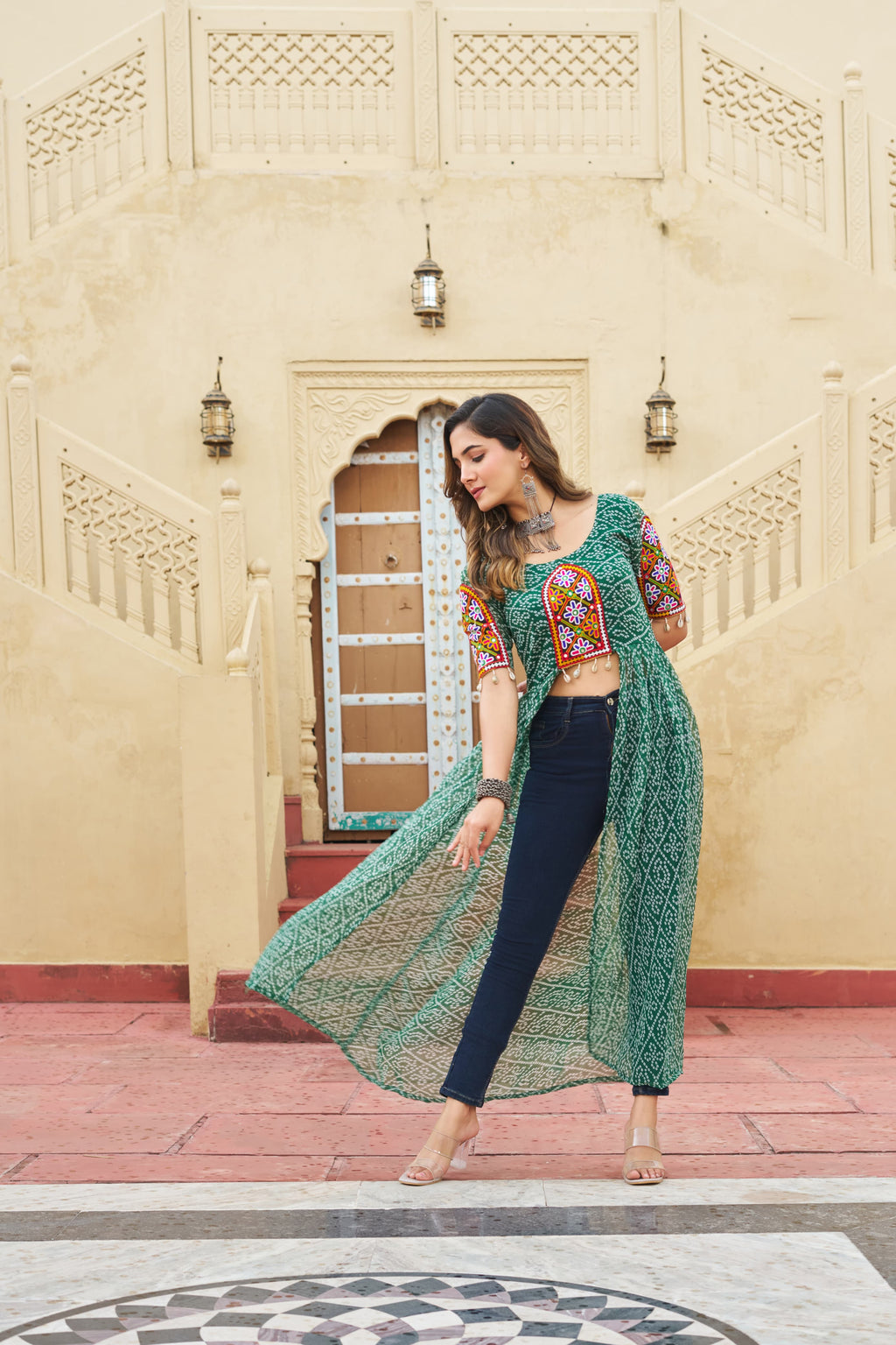 Prazu Fashion Green Georgette Bandhani Print With Kutchi Patch work Navaratri Kurti | Grocsy