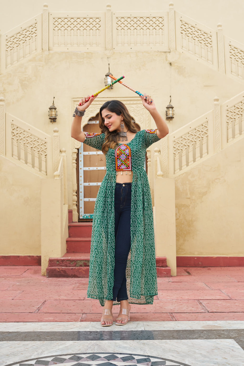 Prazu Fashion Green Georgette Bandhani Print With Kutchi Patch work Navaratri Kurti | Grocsy