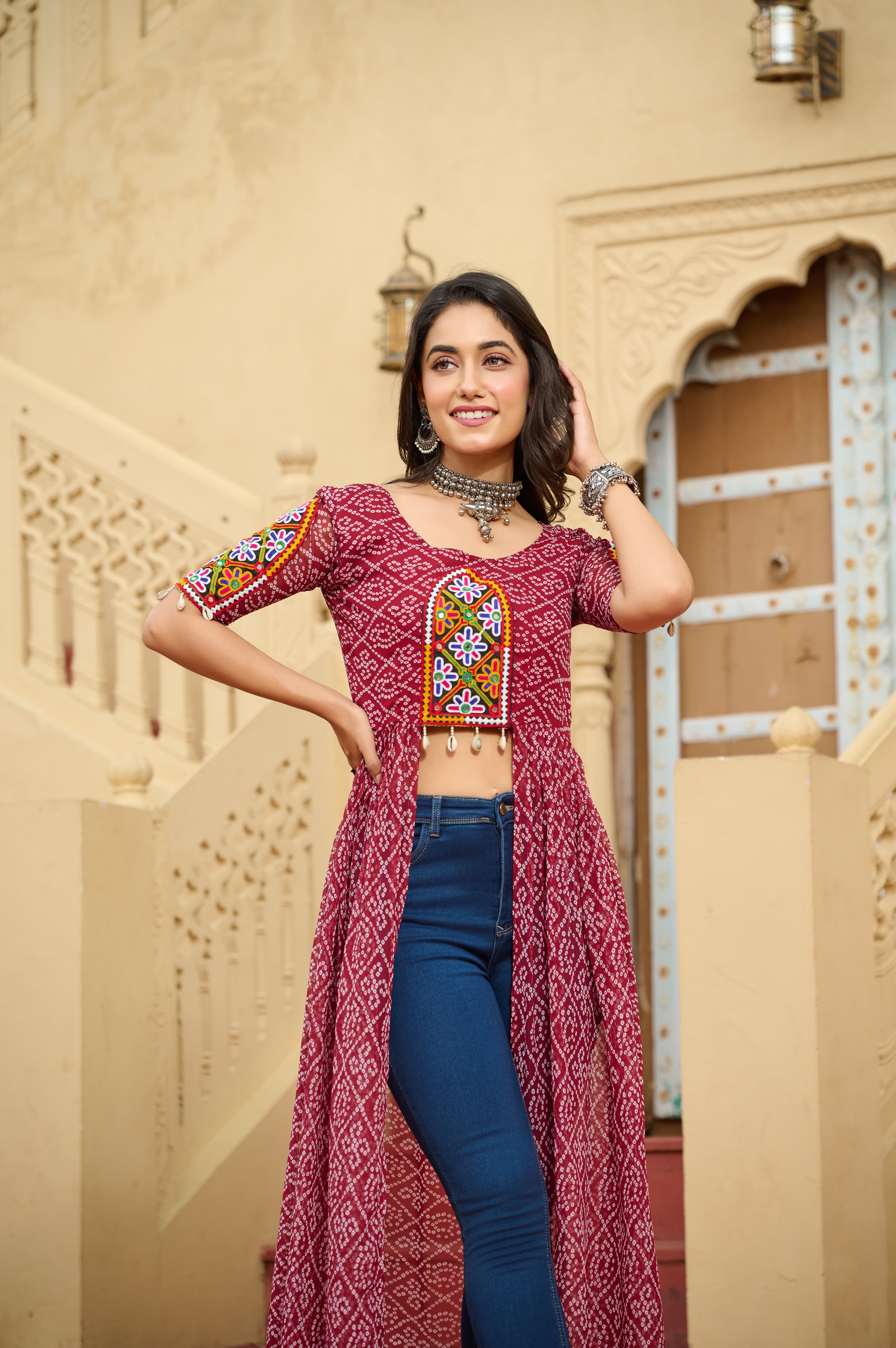 Prazu Fashion Maroon Georgette Bandhani Print With Kutchi Patch work Navaratri Kurti | Grocsy