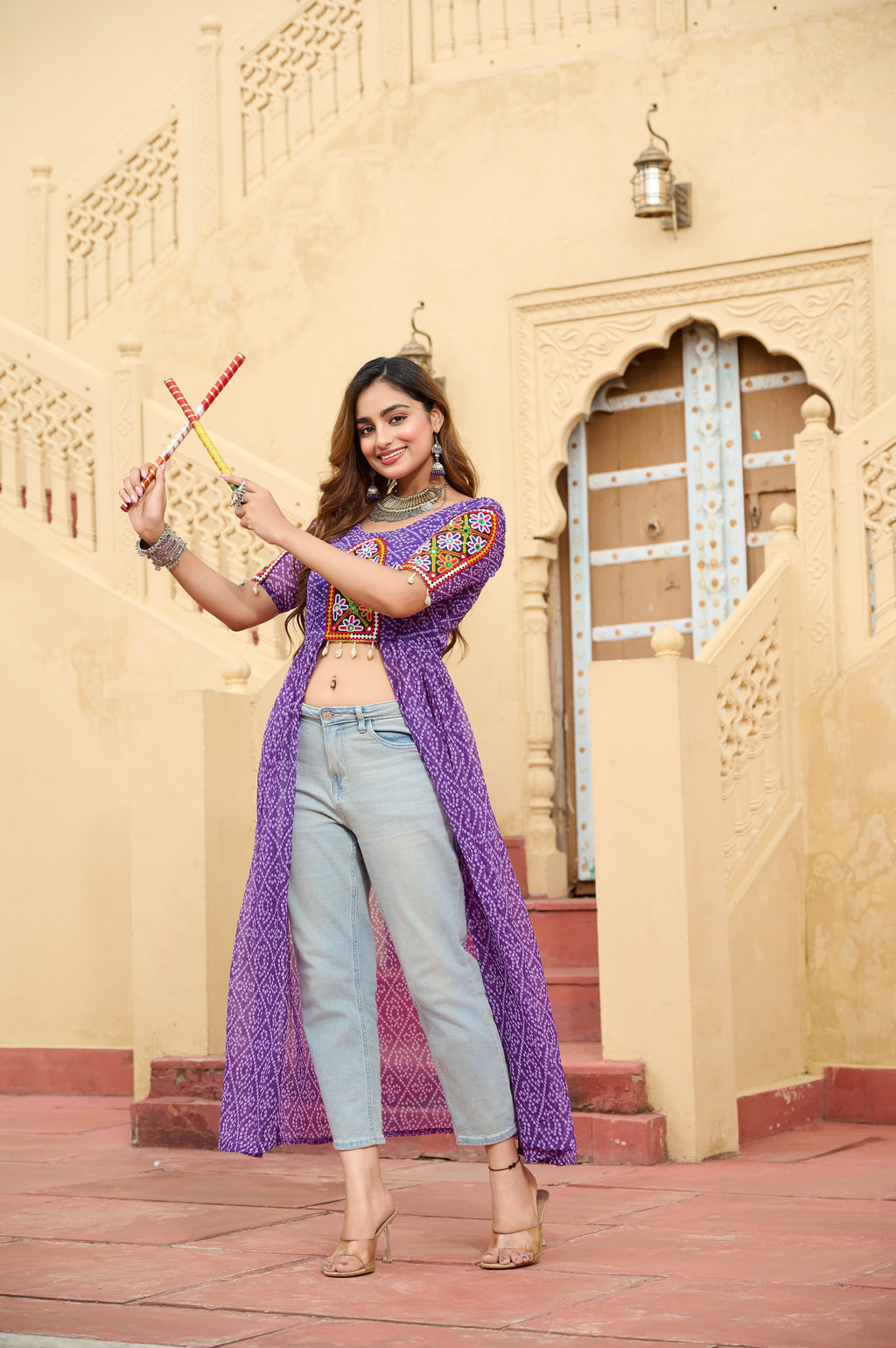 Prazu Fashion Violet Georgette Bandhani Print With Kutchi Patch work Navaratri Kurti | Grocsy