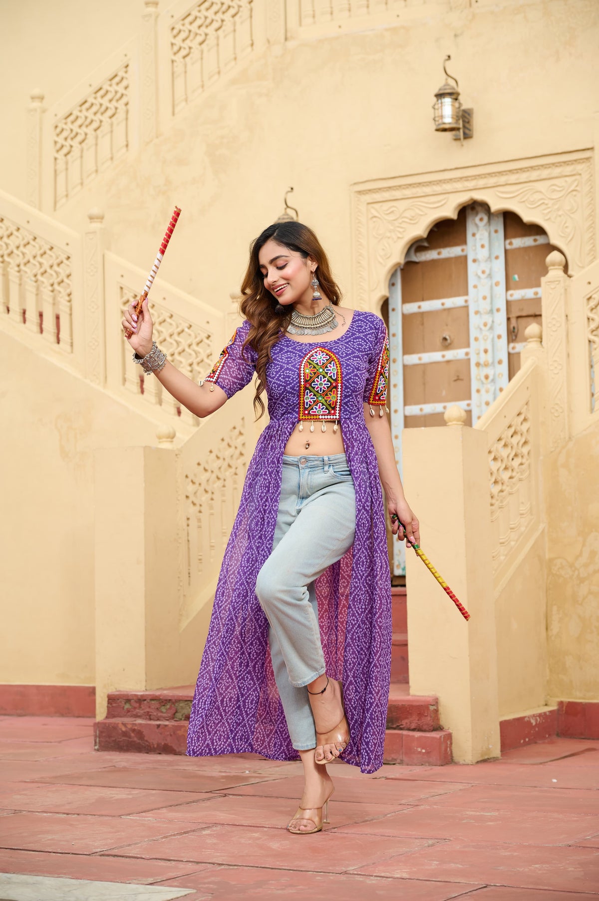 Prazu Fashion Violet Georgette Bandhani Print With Kutchi Patch work Navaratri Kurti | Grocsy