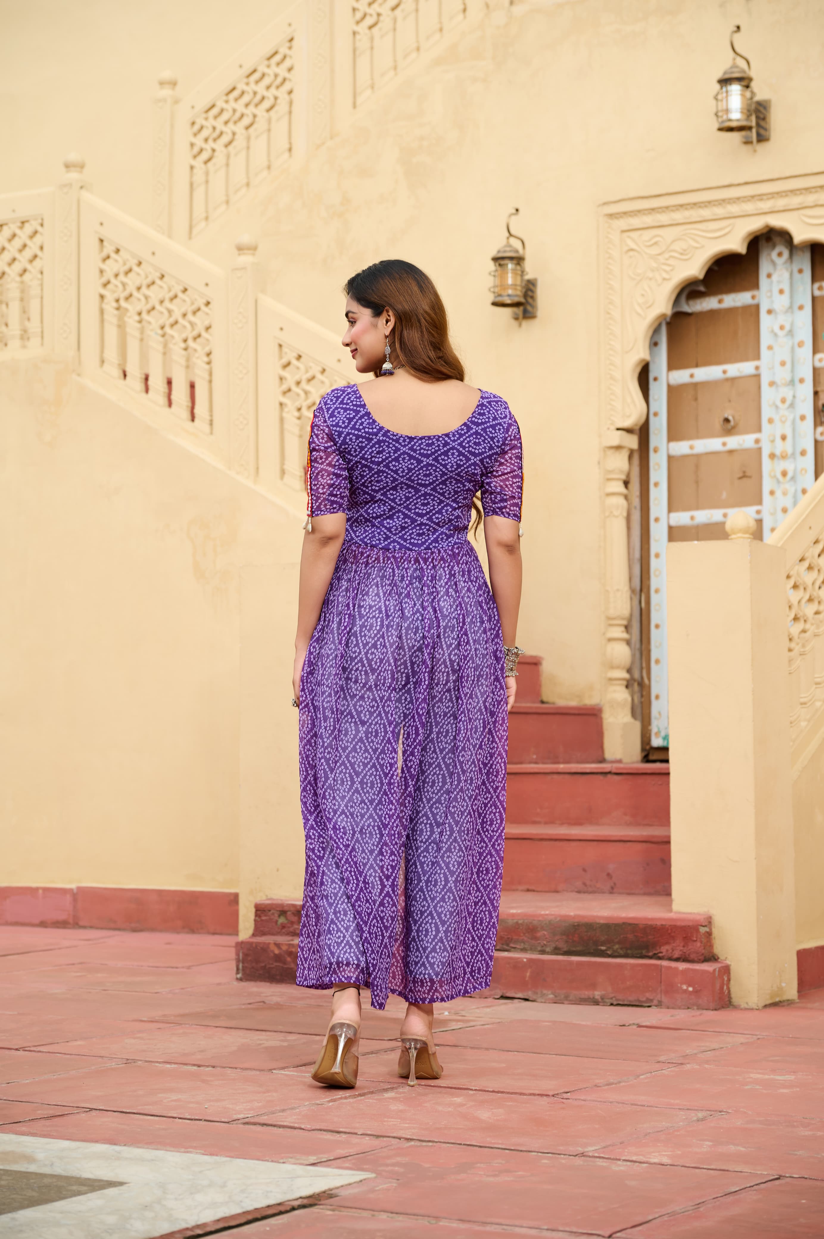 Prazu Fashion Violet Georgette Bandhani Print With Kutchi Patch work Navaratri Kurti | Grocsy
