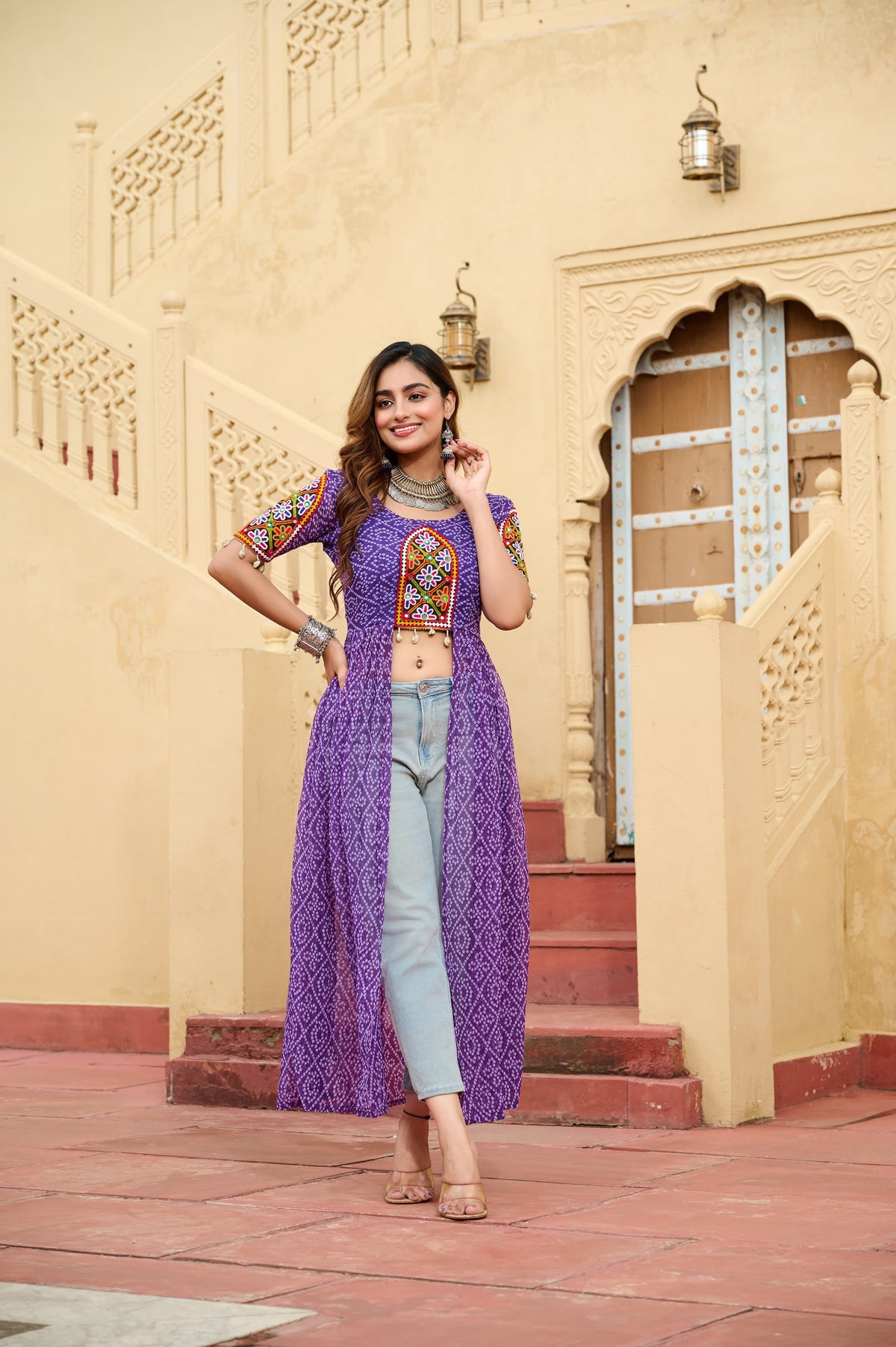 Prazu Fashion Violet Georgette Bandhani Print With Kutchi Patch work Navaratri Kurti | Grocsy