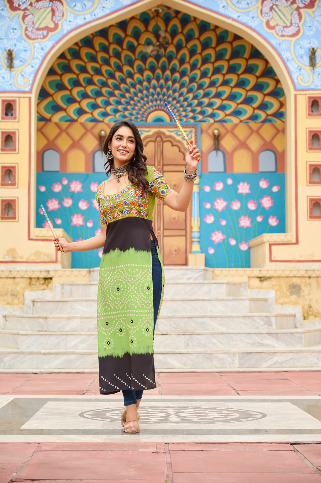 Prazu Fashion Light Green Rayon Printed With Kutchi Gamthi Work Navaratri Kurti | Grocsy