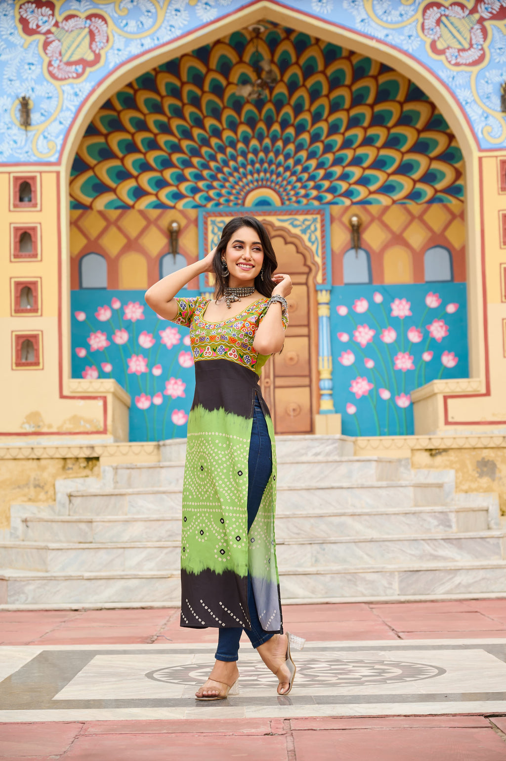 Prazu Fashion Light Green Rayon Printed With Kutchi Gamthi Work Navaratri Kurti | Grocsy