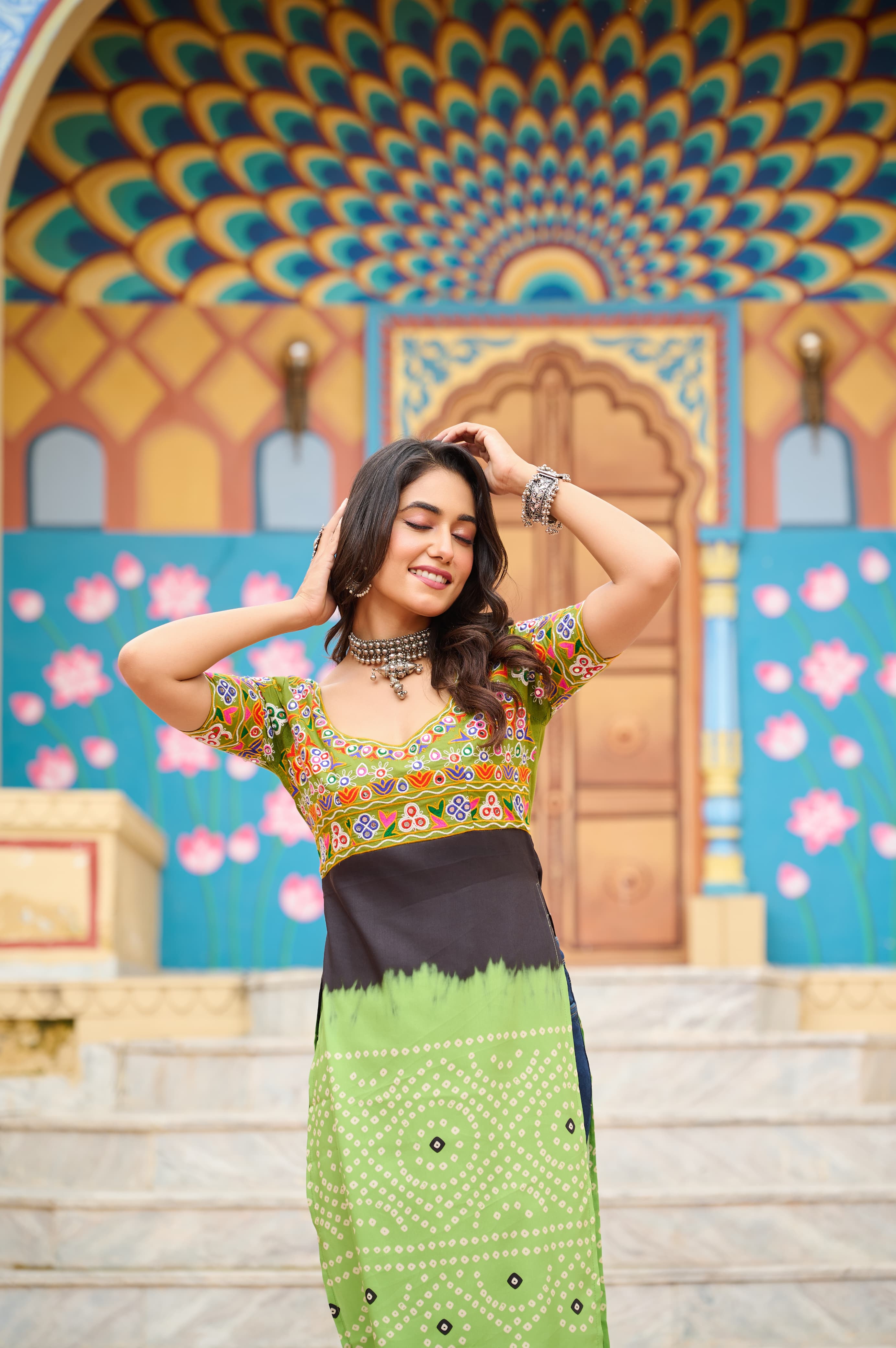 Prazu Fashion Light Green Rayon Printed With Kutchi Gamthi Work Navaratri Kurti | Grocsy
