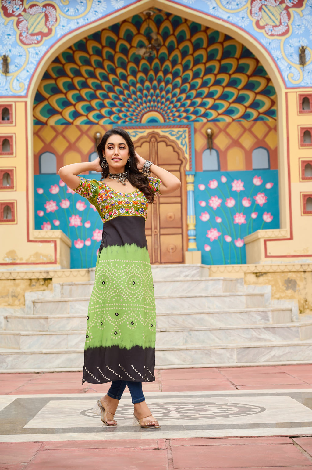 Prazu Fashion Light Green Rayon Printed With Kutchi Gamthi Work Navaratri Kurti | Grocsy