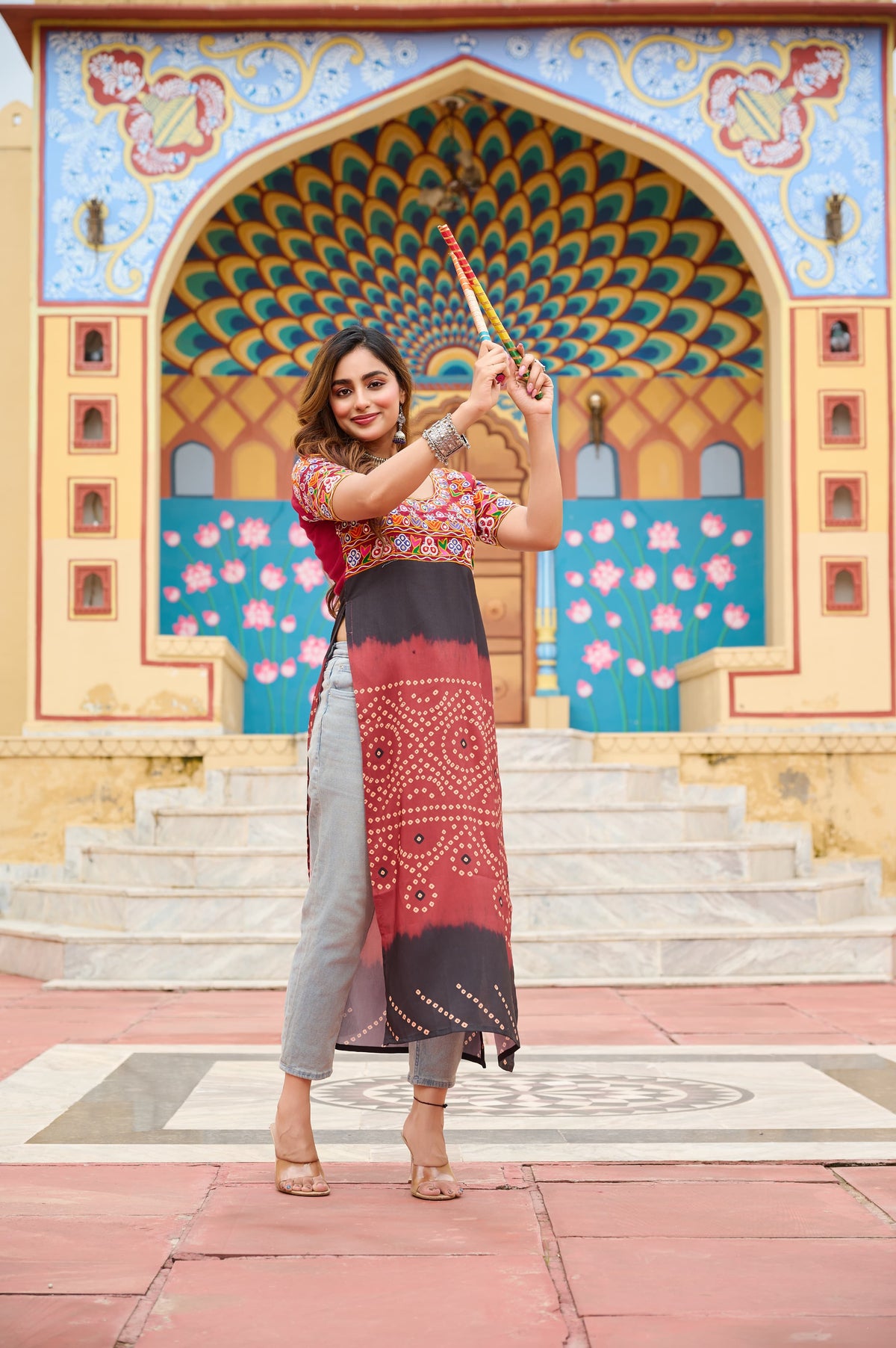 Prazu Fashion Maroon Rayon Printed With Kutchi Gamthi Work Navaratri Kurti | Grocsy