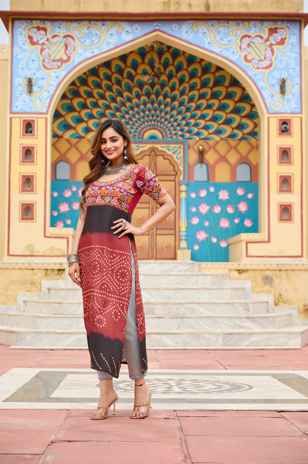 Prazu Fashion Maroon Rayon Printed With Kutchi Gamthi Work Navaratri Kurti | Grocsy